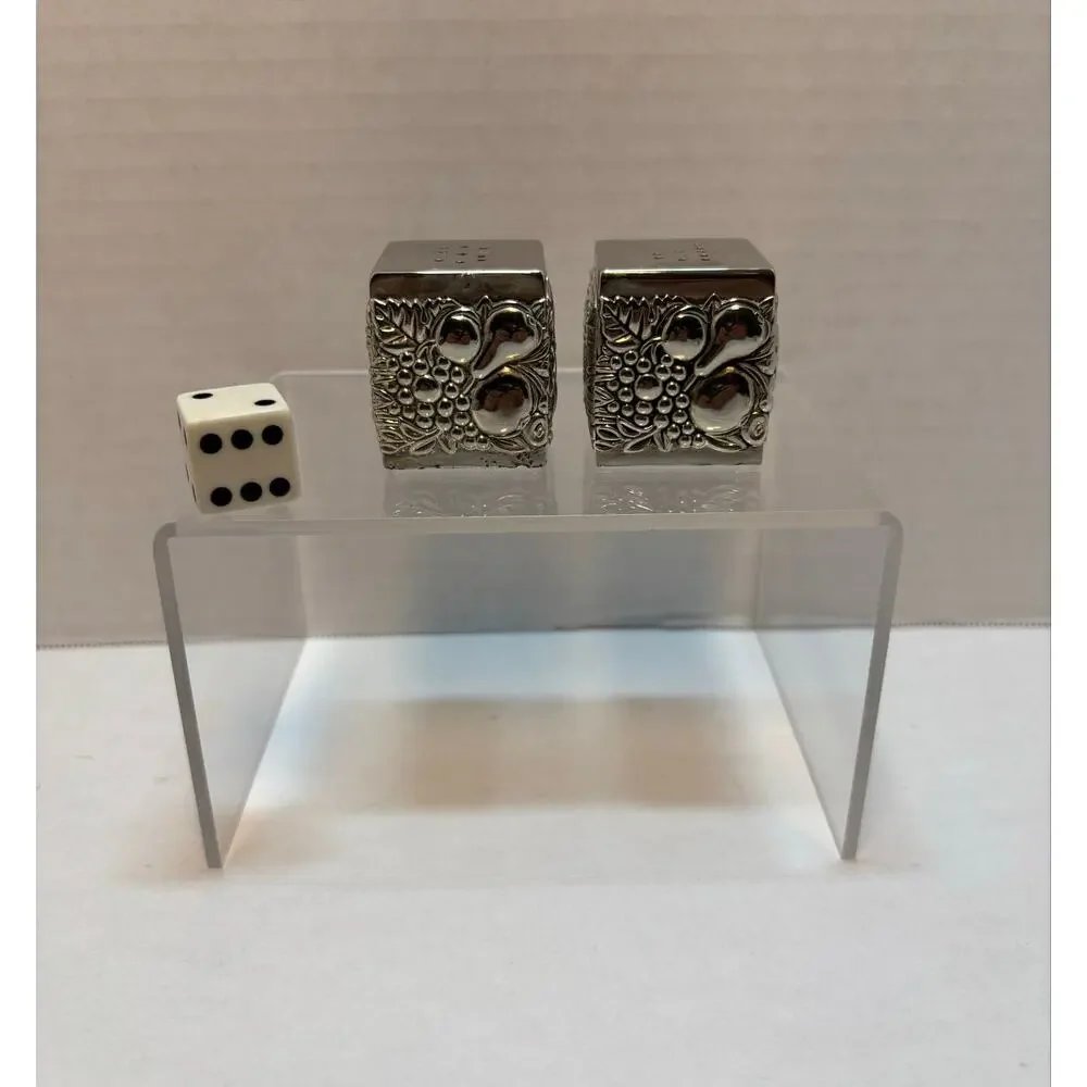 Vintage silver plated cube salt and pepper shakers with holder embossed 3pc set